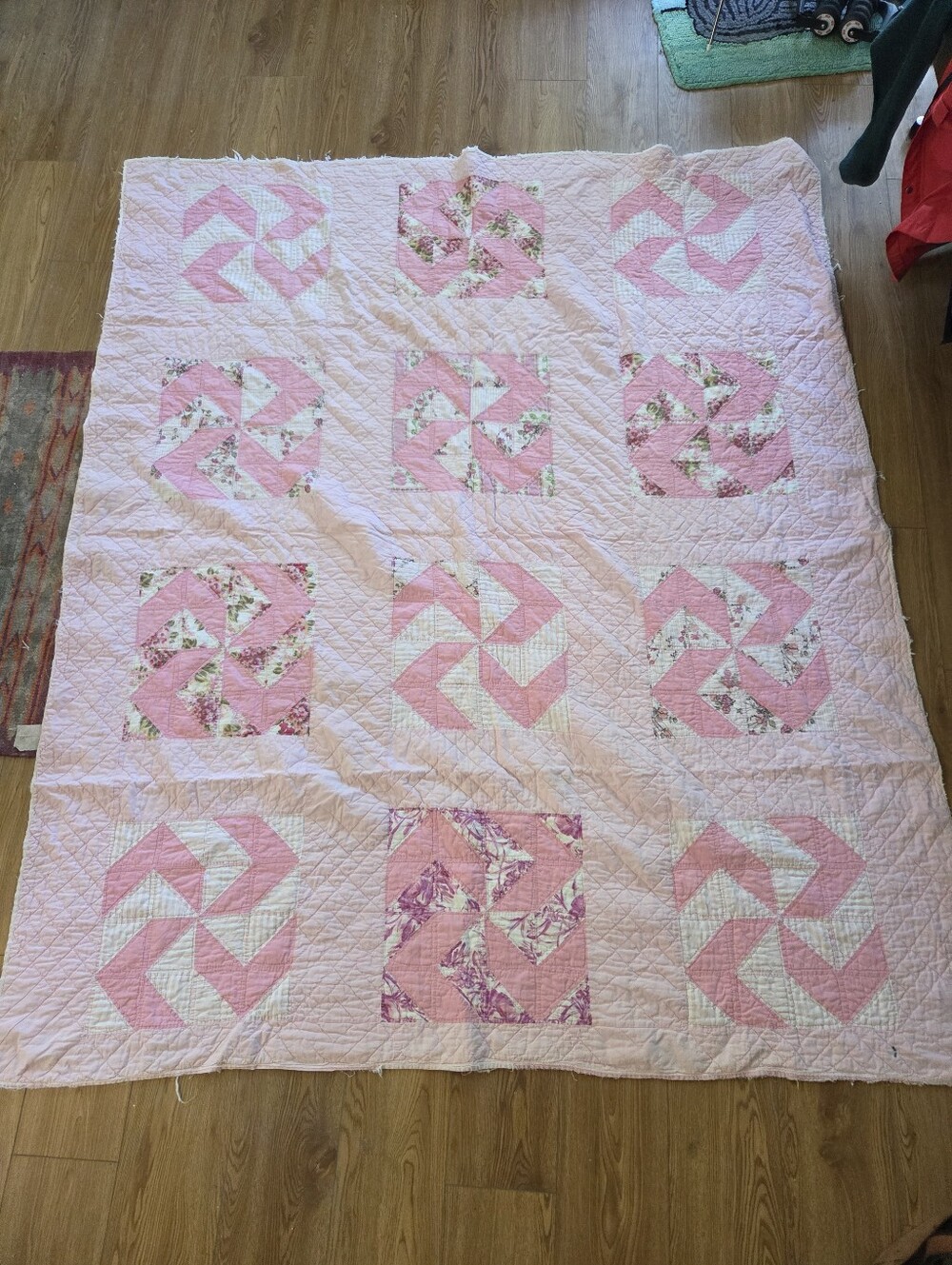 Authentic 1930s-40s Handmade Pinwheel Quilt 79x67" - Vintage Pink & Floral Heirl